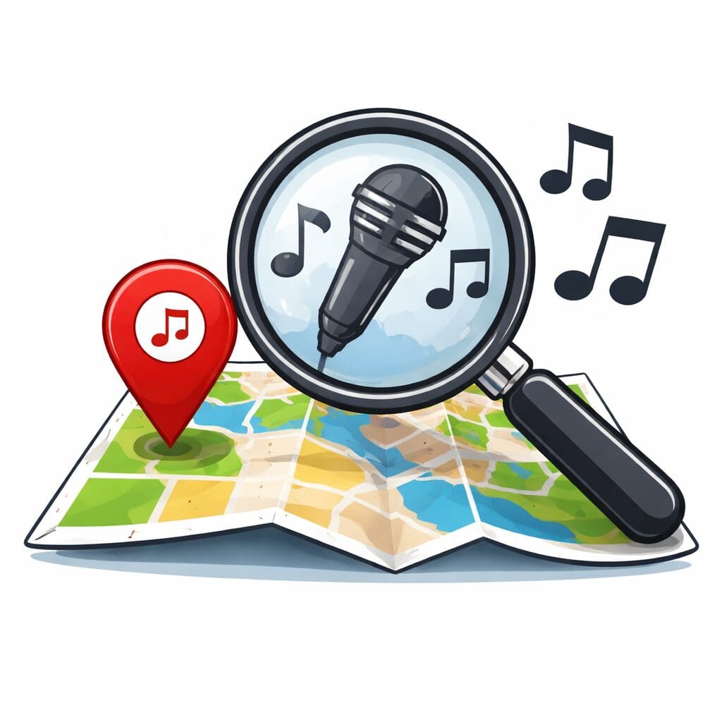 a magnifying glass with a location marker and music notes with a microphone live music near me