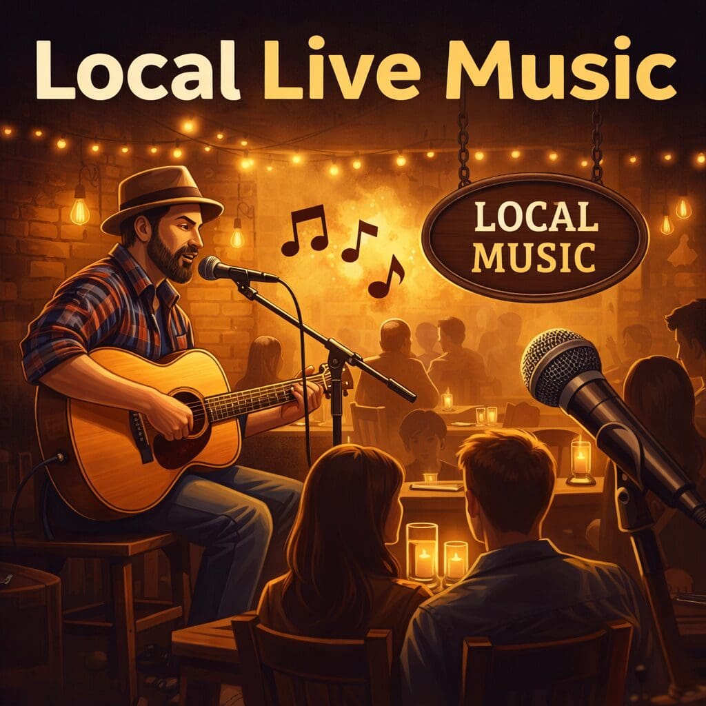 local musician playing in a little cozy bar with candles and tinkling lights, the musician has a beard and a hat on