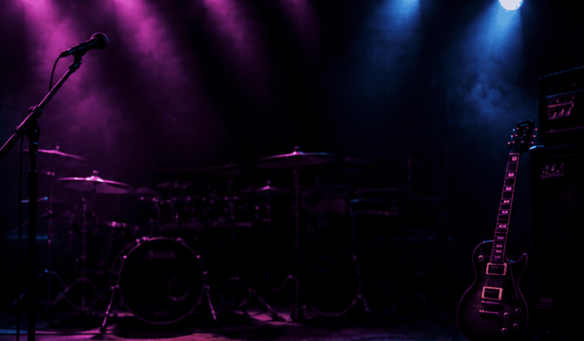 a sark stage with lights ready for a musician with a microphone
